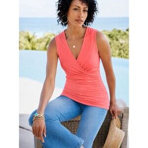 Soft Surroundings Alyssa Knit Tank Top 1X Sleeveless Faux Wrap Coral Ruched $50